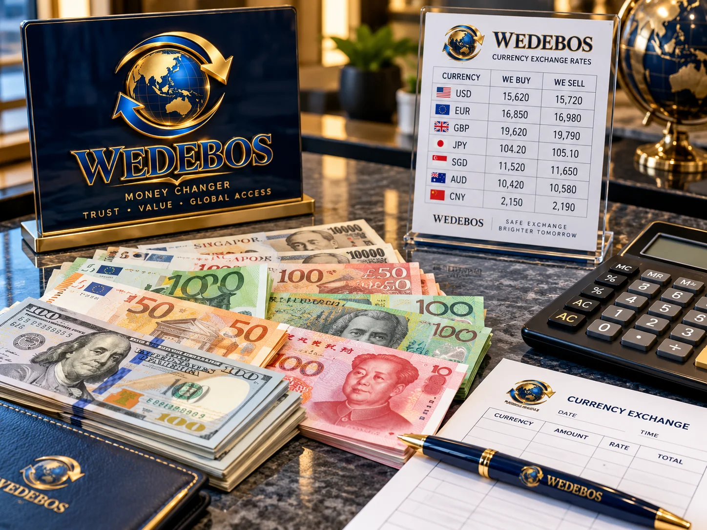 Form transaksi dan berbagai mata uang asing di meja WEDEBOS