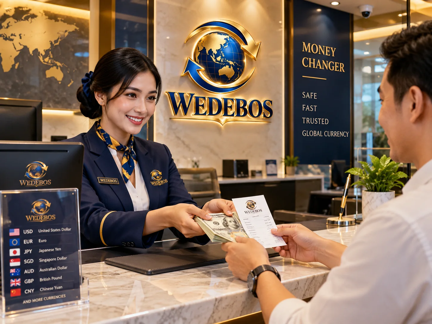 Teller WEDEBOS menyerahkan uang dan bukti transaksi
